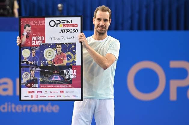 TENNIS : Open Sud de France ATP, Tennis Herren 250 - 30 01 2025 MONTPELLIER, FRANCE - 30 JANVIER : Richard GASQUET (G) lors de l™hommage pour la fin de sa carriere lors du tournoi Open Sud de France ATP 250 a Montpellier le 30 janvier 2025. France  Copyright: xValentinaxClaretx