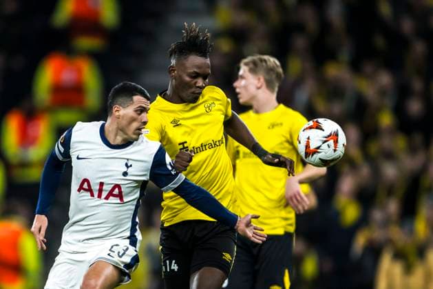 250130 Pedro Porro of Tottenham Hotspur and Jalal Abdullai of Elfsborg during the UEFA Europa League football match between Tottenham Hotspur and Elfsborg on January 30, 2025 in London. Photo: Emma Wallskog BILDBYRAN COP 320 EW0477 fotboll football soccer fotball uefa europa league europa league tottenham hotspur elfsborg bbeng bbauto Copyright: EMMAxWALLSKOG BB250130EW075