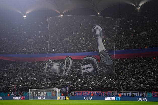 FCSB fans unveil a tifo in the stands FCSB v Manchester United, ManU UEFA Europa League, Group Stage, Football, The National Arena, Bucharest, Romania - 30 Jan 2025 EDITORIAL USE ONLY No use with unauthorised audio, video, data, fixture lists, club league logos or live services. Online in-match use limited to 120 images, no video emulation. No use in betting, games or single club league player publications. Copyright: xAlexxNicodim Shutterstockx 15122176av