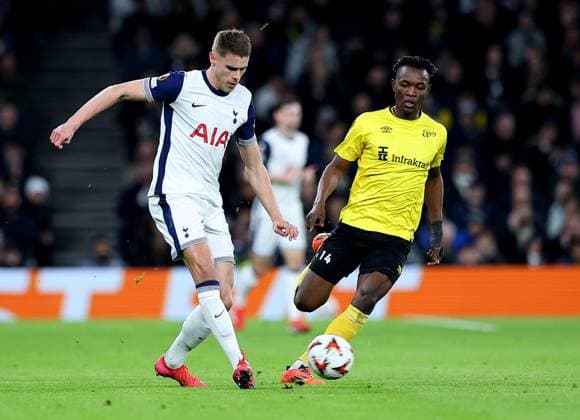 Micky van de Ven of Tottenham Hotspur and Jalal Abdullai of Elfsborg Tottenham Hotspur v Elfsborg, UEFA Europa League, Group Stage, Football, Tottenham Hotspur Stadium, London, UK - 30 Jan 2025 EDITORIAL USE ONLY No use with unauthorised audio, video, data, fixture lists, club league logos or live services. Online in-match use limited to 120 images, no video emulation. No use in betting, games or single club league player publications. Copyright: xShutterstockx 15123155q