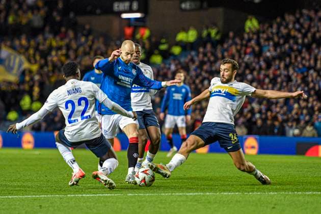 Rangers v Royale Union Saint-Gilloise UEFA Europa League Vaclav Cerny of Rangers battles for the ball with Ousseynou Niang and Charles Vanhoutte of Royale Union Saint-Gilloise during the UEFA Europa League match at Ibrox Stadium, Glasgow UK Newspapers OUT Copyright: xJamiexJohnstonx FIL-21353-0041