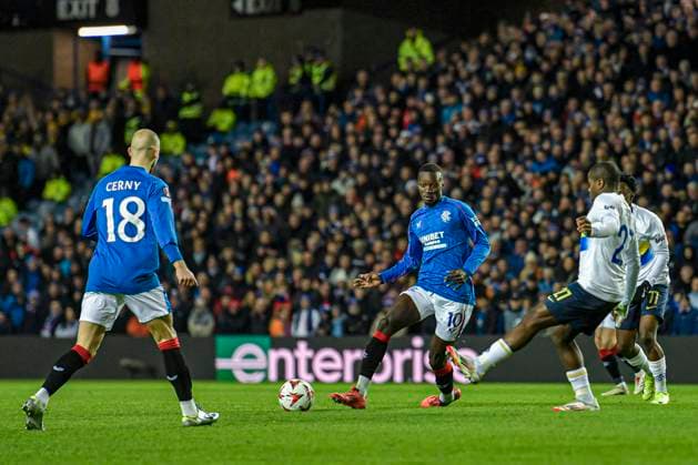 Rangers v Royale Union Saint-Gilloise UEFA Europa League Mohammed Diomande passes the ball to Vaclav Cerny of Rangers during the UEFA Europa League match at Ibrox Stadium, Glasgow UK Newspapers OUT Copyright: xJamiexJohnstonx FIL-21353-0042