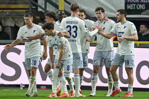250130 RSC Anderlecht vs TSG Hoffenheim players of Hoffenheim celebrates after scoring the 1-1 equalizer goal during the league phase - matchday 8 game in the Uefa Europa League season 2024-2025 between Royal Sporting Club Anderlecht and TSG 1899 Hoffenheim from Germany on January 30 , 2025 in Anderlecht, Belgium. (Photo by David Catry Isosport) Anderlecht Belgium  Copyright: xDavidxCatryx 20250130DC2_0570