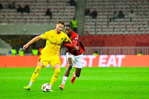 FOOTBALL : OGC Nice VS FK Bodo Glimt - UEFA Europa League - 30 01 2025 L OGC Nice recoit le FK Bodo Glimt Ã l Allianz Riviera dans le cadre de la huiteme journÃ e d UEFA Europa League. Kasper Hogh (FKBG) MoÃ¯se Bombito (OGCN) NiceFrance  Copyright: xWilliamxCannarellax
