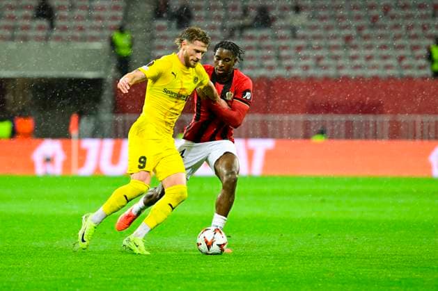 FOOTBALL : OGC Nice VS FK Bodo Glimt - UEFA Europa League - 30 01 2025 L OGC Nice recoit le FK Bodo Glimt Ã l Allianz Riviera dans le cadre de la huiteme journÃ e d UEFA Europa League. Kasper Hogh (FKBG) MoÃ¯se Bombito (OGCN) NiceFrance  Copyright: xWilliamxCannarellax
