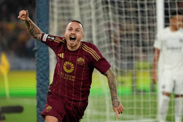 Jose Angel Esmoris Tasende Angelino of AS Roma celebrates after scoring the goal of 1-0 during the Europa League football match between AS Roma and Eintracht Frankfurtat Olimpico stadium in Rome (Italy), January 30, 2025. AntoniettaxBaldassarre
