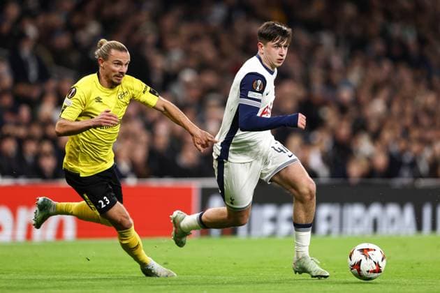 Tottenham Hotspur v Elfsborg 30 January 2025, London - Europa League Football - Tottenham Hotspur v Elfsborg - Mikey Moore of Tottenham Hotspur and Niklas Hult of Elfsborg - Photo: Jacques Feeney Offside. London UK Copyright: xJacquesxFeeneyx xOffsidexOffside