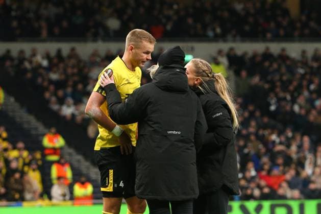 30th January 2025; Tottenham Hotspur Stadium, London, England; UEFA Europa League Football, Tottenham Hotspur versus Elfsborg; Gustav Henriksson of Elfsborg and Richarlison of Tottenham Hotspur compete for the headed ball with the momentum taking both players off the pitch and Gustav Henriksson requiring a check up from the Elfsborg physios.  ActionPlus12745506 KatiexChan
