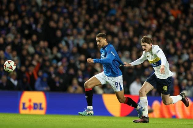 Fedde Leysen of Union Saint-Gilloise pulls Cyriel Dessers of Rangers during the Europa League group phase match at Ibrox Stadium, Glasgow. Rangers v Union Saint-Gilloise, Europa League, Football, Ibrox Stadium, Glasgow, Scotland, UK - 30 Jan 2025 EDITORIAL USE ONLY No use with unauthorised audio, video, data, fixture lists, club league logos or live services. Online in-match use limited to 120 images, no video emulation. No use in betting, games or single club league player publications. Copyright: xO Rourke RangersxFC Shutterstockx 15126401at