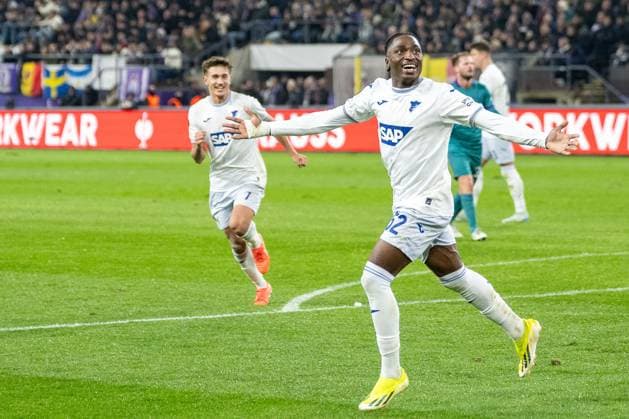 30.01.2025, Fussball: UEFA Europa League, Saison 2024 2025, Spieltag 08, RSC Anderlecht - TSG 1899 Hoffenheim im Lotto Park in Anderlecht. David Mokwa (TSG 1899 Hoffenheim, 52) bejubelt sein Tor zum 3:1. Foto: Kirchner-Media Thomas Haesler Copyright: xKirchner-Media ThomasxHaeslerx