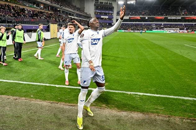 250130 RSC Anderlecht vs TSG Hoffenheim David Mokwa (52) of Hoffenheim celebrates after scoring the 1-3 goal during the league phase - matchday 8 game in the Uefa Europa League season 2024-2025 between Royal Sporting Club Anderlecht and TSG 1899 Hoffenheim from Germany on January 30 , 2025 in Anderlecht, Belgium. (Photo by David Catry Isosport) Anderlecht Belgium  Copyright: xDavidxCatryx 20250130DC1_4510