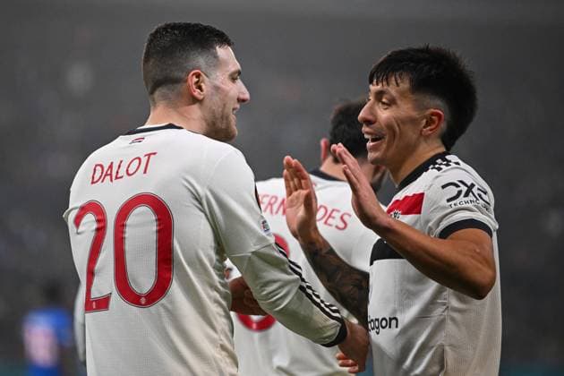 Diogo Dalot of Manchester United, ManU celebrates scoring the opening goal for their side FCSB v Manchester United, UEFA Europa League, Group Stage, Football, The National Arena, Bucharest, Romania - 30 Jan 2025 EDITORIAL USE ONLY No use with unauthorised audio, video, data, fixture lists, club league logos or live services. Online in-match use limited to 120 images, no video emulation. No use in betting, games or single club league player publications. Copyright: xAlexxNicodim Shutterstockx 15122176bn