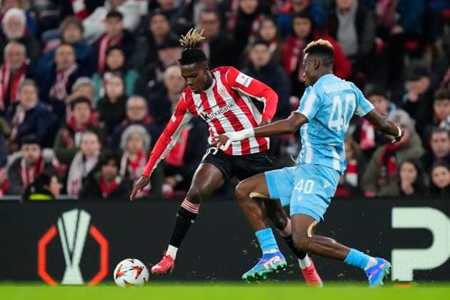 Athletic Club v FC Viktoria Plzen - UEFA Europa League 2024 25 League Phase MD8 Nico Williams left winger of Athletic Club and Spain and Sampson Dweh centre-back of Viktoria Plzen and Liberia compete for the ball during the UEFA Europa League 2024 25 League Phase MD8 match between Athletic Club and FC Viktoria Plzen at Estadio de San Mames on January 30, 2025 in Bilbao, Spain. Bilbao Spain  Copyright: xJosexBretonx originalFilename:bretonhernandez-athletic250130_npemi.jpg