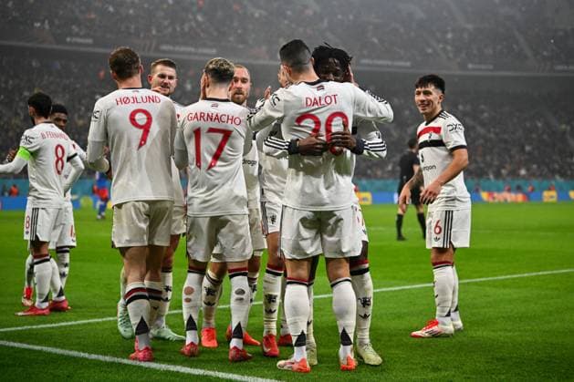 Diogo Dalot of Manchester United, ManU celebrates scoring the opening goal for their side FCSB v Manchester United, UEFA Europa League, Group Stage, Football, The National Arena, Bucharest, Romania - 30 Jan 2025 EDITORIAL USE ONLY No use with unauthorised audio, video, data, fixture lists, club league logos or live services. Online in-match use limited to 120 images, no video emulation. No use in betting, games or single club league player publications. Copyright: xAlexxNicodim Shutterstockx 15122176br