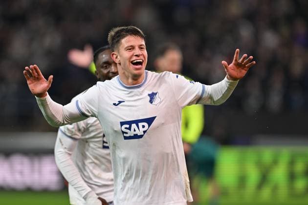 250130 RSC Anderlecht vs TSG Hoffenheim Adam Hlozek (23) of Hoffenheim celebrates after scoring the 1-4 goal during the league phase - matchday 8 game in the Uefa Europa League season 2024-2025 between Royal Sporting Club Anderlecht and TSG 1899 Hoffenheim from Germany on January 30 , 2025 in Anderlecht, Belgium. (Photo by David Catry Isosport) Anderlecht Belgium  Copyright: xDavidxCatryx 20250130DC2_1348
