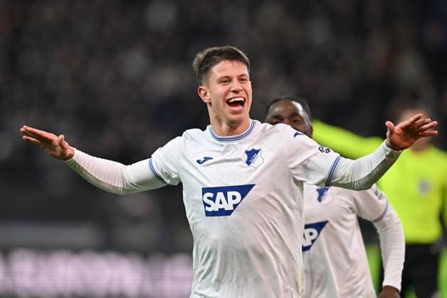 250130 RSC Anderlecht vs TSG Hoffenheim Adam Hlozek (23) of Hoffenheim celebrates after scoring the 1-4 goal during the league phase - matchday 8 game in the Uefa Europa League season 2024-2025 between Royal Sporting Club Anderlecht and TSG 1899 Hoffenheim from Germany on January 30 , 2025 in Anderlecht, Belgium. (Photo by David Catry Isosport) Anderlecht Belgium  Copyright: xDavidxCatryx 20250130DC2_1357