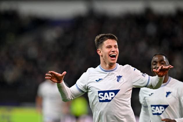 250130 RSC Anderlecht vs TSG Hoffenheim Adam Hlozek (23) of Hoffenheim celebrates after scoring the 1-4 goal during the league phase - matchday 8 game in the Uefa Europa League season 2024-2025 between Royal Sporting Club Anderlecht and TSG 1899 Hoffenheim from Germany on January 30 , 2025 in Anderlecht, Belgium. (Photo by David Catry Isosport) Anderlecht Belgium  Copyright: xDavidxCatryx 20250130DC2_1364