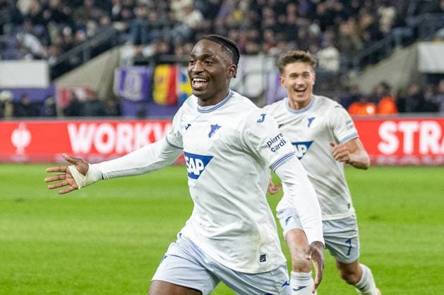 30.01.2025, Fussball: UEFA Europa League, Saison 2024 2025, Spieltag 08, RSC Anderlecht - TSG 1899 Hoffenheim im Lotto Park in Anderlecht. David Mokwa (TSG 1899 Hoffenheim, 52) bejubelt sein Tor zum 3:1. Foto: Kirchner-Media Thomas Haesler Copyright: xKirchner-Media ThomasxHaeslerx