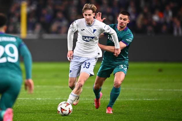RSC Anderlecht v Hoffenheim - UEFA Europa League ANDERLECHT, BELGIUM - JANUARY 30 : Max Moerstedt of Hoffenheim and Dendoncker Leander defender of RSC Anderlecht during the UEFA Europa League 2024 25 League Phase MD8 match between RSC Anderlecht and Hoffenheim on January 30, 2025 in Anderlecht, Belgium, 30 01 2025 Anderlecht Belgium  Copyright: xGvgx