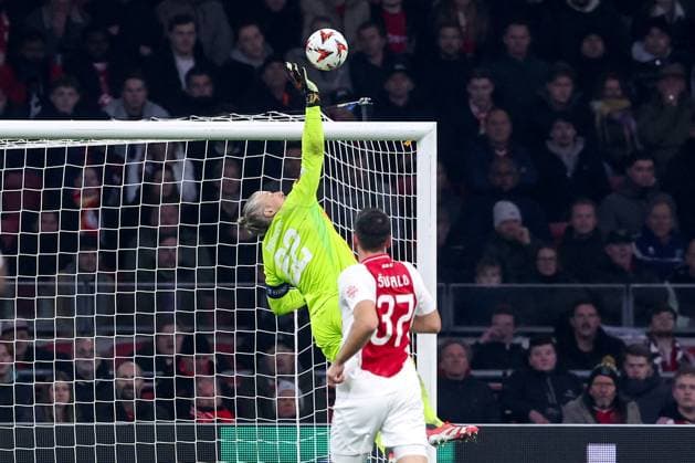2025-01-30 AFC Ajax v Galatasaray - UEFA Europa League 2024 25 League Phase MD8 AMSTERDAM, NETHERLANDS - JANUARY 30: Goalkeeper Remko Pasveer of AFC Ajax deflecting the ball during the UEFA Europa League 2024 25 League Phase MD8 match between AFC Ajax and Galatasaray at Johan Cruijff ArenA on January 30, 2025 in Amsterdam, Netherlands. Amsterdam Johan Cruijff ArenA Netherlands Content not available for redistribution in The Netherlands directly or indirectly through any third parties. Copyright: xBenxGalx