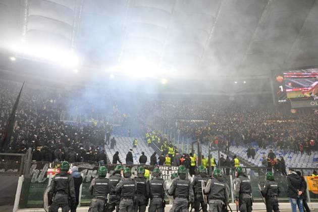 30th January 2025, Stadio Olimpico, Rome, Italy; UEFA Europa League Football; Roma versus Eintracht Frankfurt; Riot police officers stand ready for fan trouble inside the stadium  ActionPlus12745529 AllShotLive
