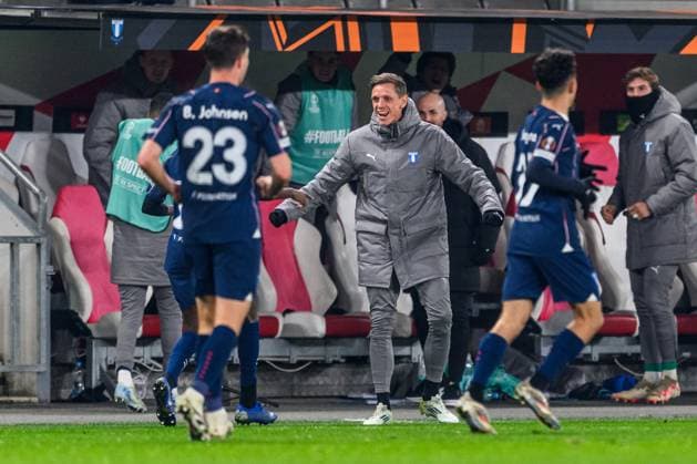 250130 Soren Rieks celebrates after the 1-1 goal by Taha Ali of Malmö FF (not in picture) during the UEFA Europa League football match between Slavia Prag and Malmö FF on January 30, 2025 in Prague. Photo: Mathilda Ahlberg BILDBYRAN kod MA MA0779 fotboll football soccer fotball uefa europa league europa league slavia prag malmö ff bbeng bbauto jubel Copyright: MATHILDAxAHLBERG BB250130MA111