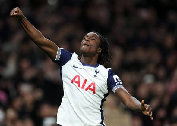 London, England, 30th January 2025. Oyindamola Ajayi of Tottenham Hotspur scoring and celerating his goal during the UEFA Europa League match at the Tottenham Hotspur Stadium, London. Picture credit should read: David Klein Sportimage EDITORIAL USE ONLY. No use with unauthorised audio, video, data, fixture lists, club league logos or live services. Online in-match use limited to 120 images, no video emulation. No use in betting, games or single club league player publications. SPI_038_DK_Tottenham_Elfsborg SPI-3644-0039