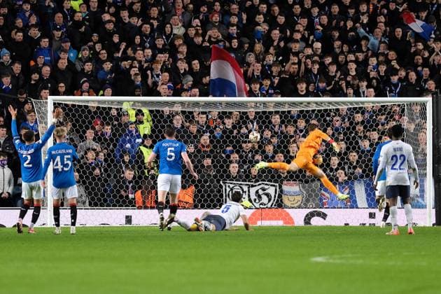 UK: Rangers v Union Saint-Gilloise, UEFA Europa League at Ibrox Stadium, Glasgow, Scotland on 30 January 2025: Pictured: Kevin Mac Allister (Union SG) heads past Rangers goalkeeper Jack Butland to make it 2-1 Glasgow Ibrox Stadium Scotland Copyright: xAlexxToddx