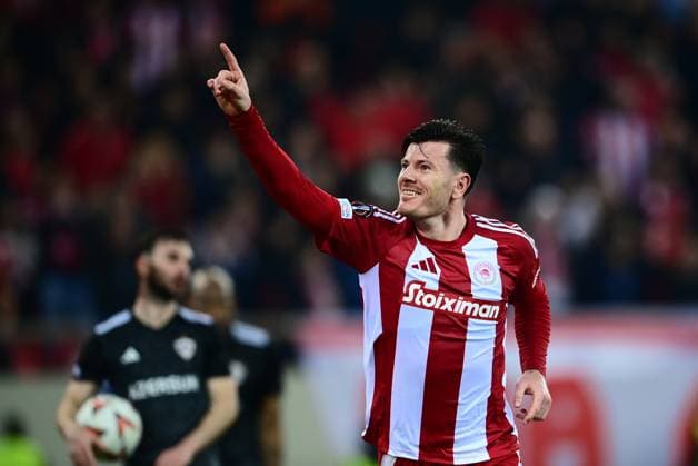Giulian Biancone of Olympiacos celebrates after scoring during the UEFA Europa League league phase matchdgy 8 soccer match between Olympiacos and Qarabag FK held at Stadium Georgios Karaiskakis in Piraeus, Greece, 30 January 2025. IMAGO ONE INCH PRODUCTIONS PIRAEUS Greece Copyright: xOnexInchxProductionsx 6449905