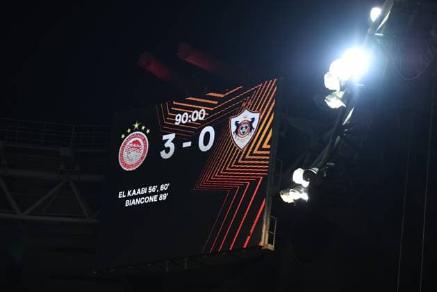 The matrix with the final score after the UEFA Europa League league phase matchdgy 8 soccer match between Olympiacos and Qarabag FK held at Stadium Georgios Karaiskakis in Piraeus, Greece, 30 January 2025. IMAGO ONE INCH PRODUCTIONS PIRAEUS Greece Copyright: xOnexInchxProductionsx 6449934