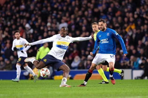 UK: Rangers v Union Saint-Gilloise, UEFA Europa League at Ibrox Stadium, Glasgow, Scotland on 30 January 2025: Pictured: Noah Sadiki (Union SG) and Nedim Bajrami (Rangers) Glasgow Ibrox Stadium Scotland Copyright: xAlexxToddx
