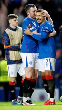 Rangers v Royale Union Saint-Gilloise UEFA Europa League John Souttar of Rangers (left) celebrates with James Tavernier of Rangers at full time during the UEFA Europa League match at Ibrox Stadium, Glasgow UK Newspapers OUT Copyright: xFredxPalmerx FIL-21352-0056