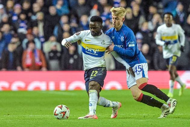 Rangers v Royale Union Saint-Gilloise UEFA Europa League Ross McCausland of Rangers and Ousseynou Niang of Royale Union Saint-Gilloise during the UEFA Europa League match at Ibrox Stadium, Glasgow UK Newspapers OUT Copyright: xJamiexJohnstonx FIL-21353-0063