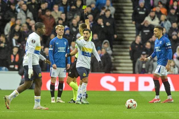 Rangers v Royale Union Saint-Gilloise UEFA Europa League Ross McCausland of Rangers is shown a yellow card during the UEFA Europa League match at Ibrox Stadium, Glasgow UK Newspapers OUT Copyright: xJamiexJohnstonx FIL-21353-0070
