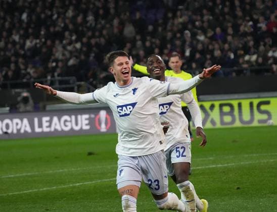 Sport Bilder des Tages Europa League, RSC Anderlecht vsTSG 1899 Hoffenheim 30.01.2025, Lotto Park, Anderlecht, Europa League, RSC Anderlecht vsTSG 1899 Hoffenheim , im Bild Adam Hlozek (Hoffenheim) freut sich über das Tor zum 1:4.