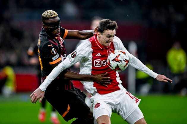 Galatasaray forward Victor Osimhen, AFC Ajax Amsterdam defender Youri Baas, during the match Ajax - Galatasaray at the Johan Cruijff ArenA for the UEFA Europa League - League phase - Matchday 8 season 2024-2025 in AMSTERDAM, Netherlands on 30 januari 2025, (photo by Stefan Koops EYE4images DeFodi Images) Defodi-746_212317