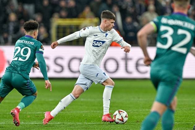 250130 RSC Anderlecht vs TSG Hoffenheim Luca Erlein (54) of Hoffenheim pictured during the league phase - matchday 8 game in the Uefa Europa League season 2024-2025 between Royal Sporting Club Anderlecht and TSG 1899 Hoffenheim from Germany on January 30 , 2025 in Anderlecht, Belgium. (Photo by David Catry Isosport) Anderlecht Belgium  Copyright: xDavidxCatryx 20250130DC2_2062