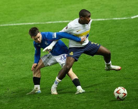 Nicolas Raskin of Rangers in action with Alessio Castro-Montes of Union Saint-Gilloise during the UEFA Europa League league phase match at Ibrox Stadium, Glasgow. Rangers v Union Saint-Gilloise, Europa League, Football, Ibrox Stadium, Glasgow, Scotland, UK - 30 Jan 2025 EDITORIAL USE ONLY No use with unauthorised audio, video, data, fixture lists, club league logos or live services. Online in-match use limited to 120 images, no video emulation. No use in betting, games or single club league player publications. Copyright: xRangersxFC Shutterstockx 15126400ar