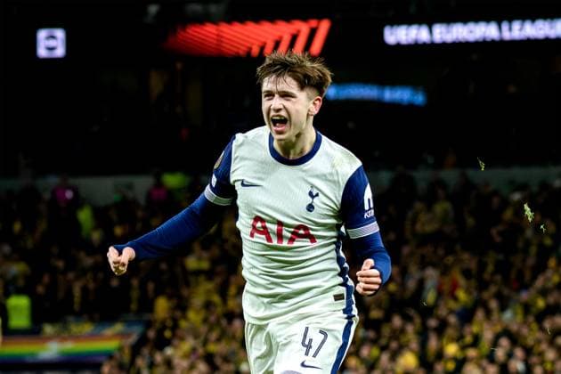 London, England, January 30 2025: Mikey Moore (47 Tottenham Hotspur) celebrates his goal during the UEFA Europa League game between Tottenham Hotspur and IF Elfsborg at Tottenham Hotspur Stadium in London, England. (Pedro Porru SPP) Copyright: xPedroxPorrux xSPPx spp-en-PePoSp-4F8A2910_DxO
