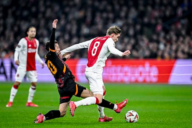 Galatasaray forward Dries Mertens, AFC Ajax Amsterdam midfielder Kenneth Taylor, during the match Ajax - Galatasaray at the Johan Cruijff ArenA for the UEFA Europa League - League phase - Matchday 8 season 2024-2025 in AMSTERDAM, Netherlands on 30 januari 2025, (photo by Stefan Koops EYE4images DeFodi Images) Defodi-746_212426