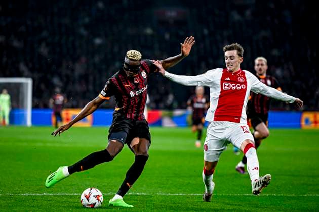 Galatasaray forward Victor Osimhen, AFC Ajax Amsterdam defender Youri Baas, during the match Ajax - Galatasaray at the Johan Cruijff ArenA for the UEFA Europa League - League phase - Matchday 8 season 2024-2025 in AMSTERDAM, Netherlands on 30 januari 2025, (photo by Stefan Koops EYE4images DeFodi Images) Defodi-746_212433