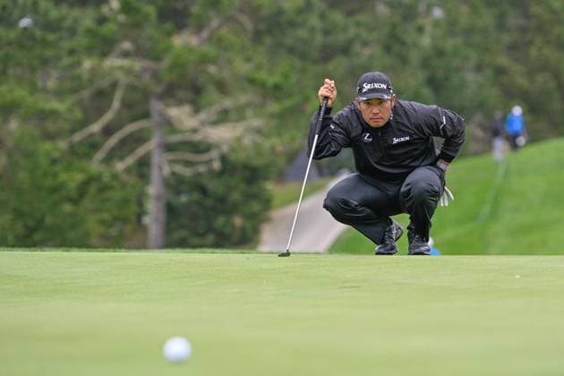 PEBBLE BEACH, CA - JANUARY 30: Hideki Matsuyama (JPN) lines up his birdie putt on 18 during first round of the AT&T Pebble Beach Pro-Am at Spyglass Hill Golf Course January 30, 2025, in Pebble Beach, California. (Photo by Ken Murray Icon Sportswire) GOLF: JAN 30 PGA, Golf Herren AT&T Pebble Beach Pro-Am EDITORIAL USE ONLY Icon2501300451