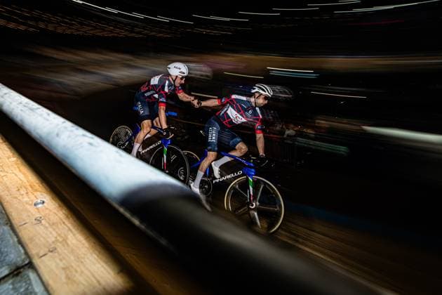 VIVIANI Elia, SCARTEZZINI Michele: Six Day Berlin 2025 Team 12 - VIVIANI Elia ( ITA ) - Black - SCARTEZZINI Michele ( ITA ) - Red Querformat - quer - horizontal - Landscape - Event Veranstaltung: Six Day Berlin 2025 - Category Kategorie: Cycling - Track cycling, Rad, Radsport, Bahnrad, Bahn Sixdays - Elite Men - Location Ort: Europe Germany - Berlin - Velodrom Berlin - Discipline: Team Time Trail - Distance: 500 m - Date Datum: 31.01.2025 Friday Day 1 -