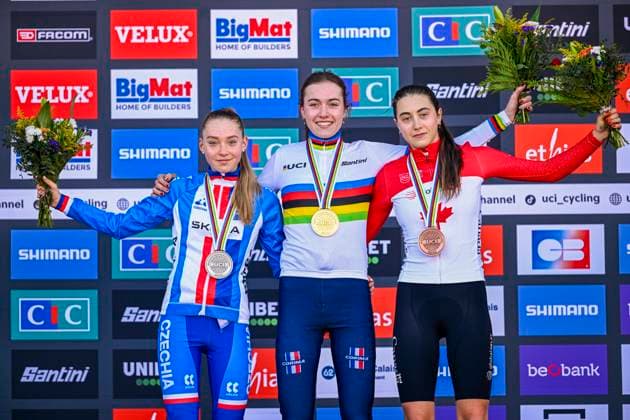 2025 UCI Cyclo-Cross WC - Women Junior LIEVIN, FRANCE - FEBRUARY 01 : Revol Lise (FRA) , Bukovska Barbora (CZE) , Carrier Rafaelle (CAN) on the podium during the 2025 UCI Cyclo-Cross World Championships for Women Junior on February 01, 2025 in Lievin, France, 01 02 2025 Lievin France  Copyright: xNicoxVereeckenx