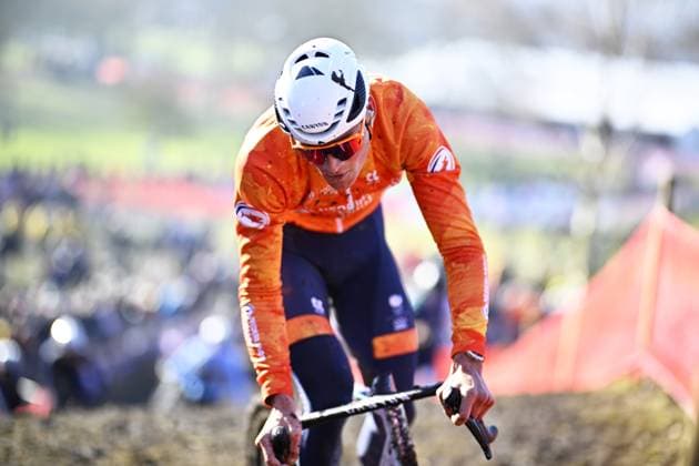 Dutch Mathieu Van Der Poel pictured during a training session at the UCI Cyclocross World Championships, in Lievin, France, Saturday 01 February 2025. The world championships are taking place from 31 January until 02 February. JASPERxJACOBS  x111567227x