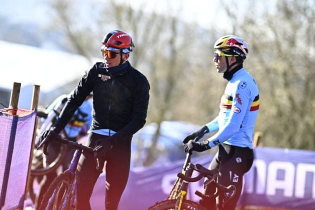 Belgian Thibau Nys and Belgian Wout van Aert pictured during a training session at the UCI Cyclocross World Championships, in Lievin, France, Saturday 01 February 2025. The world championships are taking place from 31 January until 02 February. JASPERxJACOBS  x111567470x