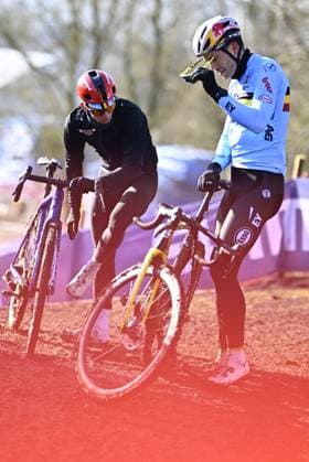 Belgian Thibau Nys and Belgian Wout van Aert pictured during a training session at the UCI Cyclocross World Championships, in Lievin, France, Saturday 01 February 2025. The world championships are taking place from 31 January until 02 February. JASPERxJACOBS  x111567485x