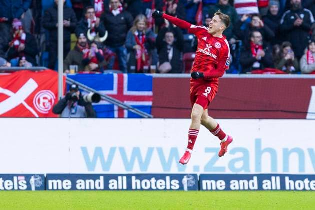 2. Fussball-Bundesliga: Fortuna Düsseldorf - SSV Ulm 1846 Fussball, 01.02.2024 Isak Bergmann Johannesson (Fortuna Düsseldorf, 8) jubelt nach seinem Tor zum 1:0. 2. Fussball-Bundesliga, Fortuna Düsseldorf - SSV Ulm 1846 Fussball, 20. Spieltag, am 01.02.2024, Merkur Spiel-Arena, Düsseldorf DFL regulations prohibit any use of photographs as image sequences and or quasi-video