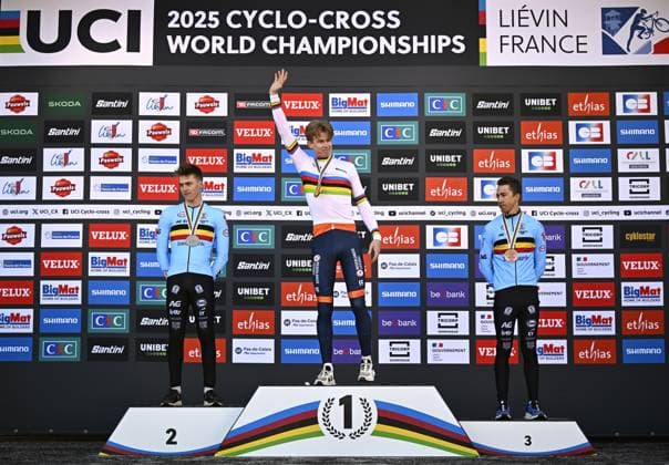Belgian Kay De Bruyckere, Dutch Tibor Del Grosso and Belgian Jente Michels celebrate on the podium after the men U23 race, at the UCI Cyclocross World Championships, in Lievin, France, Saturday 01 February 2025. The world championships are taking place from 31 January until 02 February. JASPERxJACOBS  x111572698x