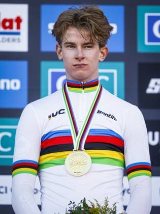 LIEVIN, FRANCE - Tibor Del Grosso (Netherlands) on the podium after the cyclocross World Cup in Lievin, France. ANP BAS CZERWINSKI xVIxANPxSportx xxANPxIVx 518851358 originalFilename: 518851358.jpg